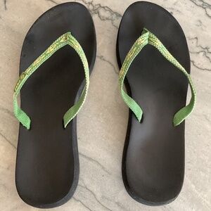 Womens Reef Sandal Flip Flops Green/Yellow Fabric Straps Size 9